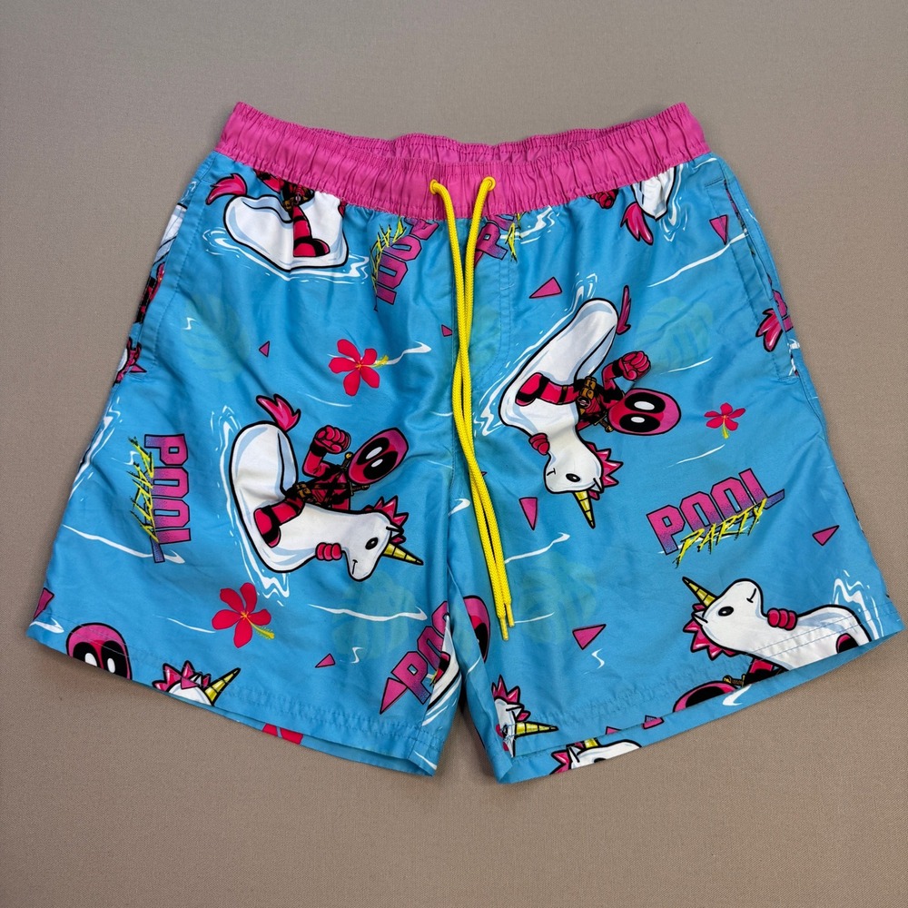 Marvel Deadpool Pool Party Unicorn Swim Trunks Mens Small Blue Pink Board Shorts